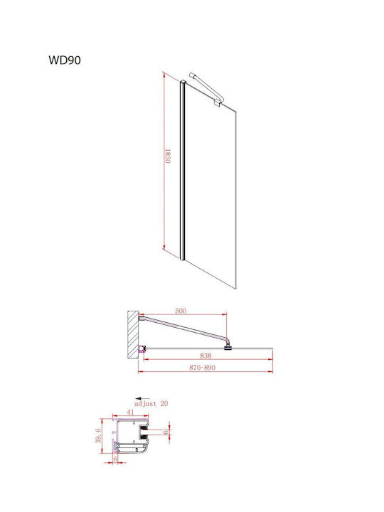 Panou De Separare Pentru Duș 80xh185cm Braț De Susținere Diagonal-vertical-orizontal Devon Iwis Walk In Wd80c-100