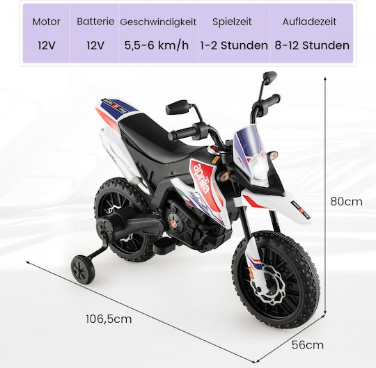 Motocicletă Pentru Copii Aprilia Electrică 12 Volți Albă