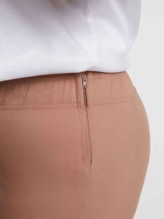 Basic Women's Fabric Capri Trousers with Elastic Beige