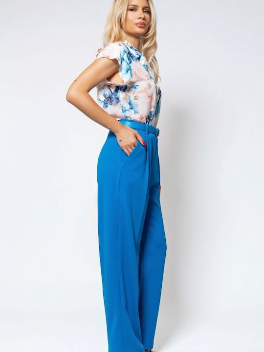 Women's High-waisted Fabric Trousers Straight Line Light Blue