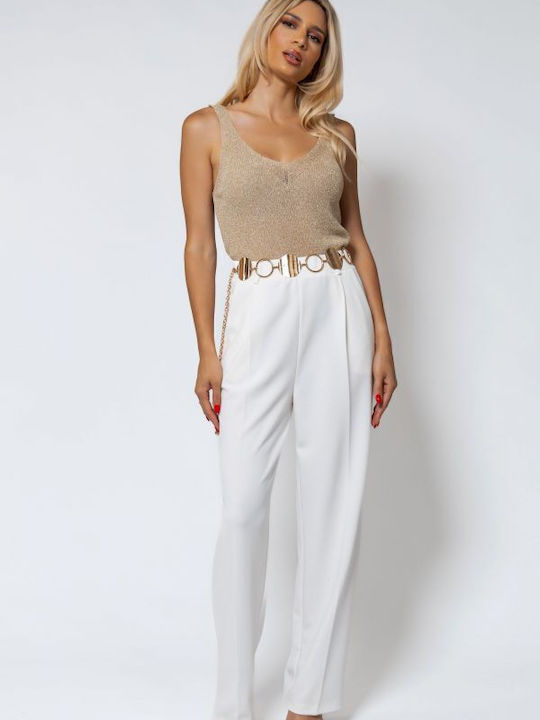 Damen Hoch tailliert Stoff Hose in Geradem Schnitt Sugar White