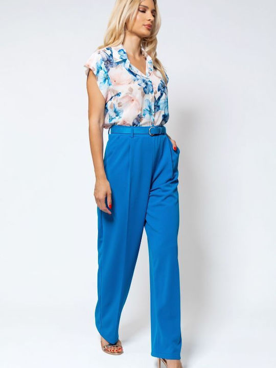 Women's High-waisted Fabric Trousers Straight Line Light Blue
