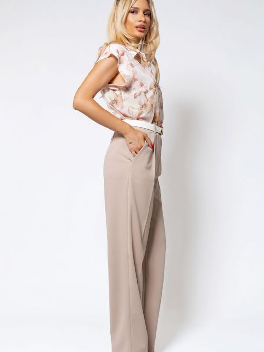 Women's High-waisted Fabric Trousers Straight Line Beige