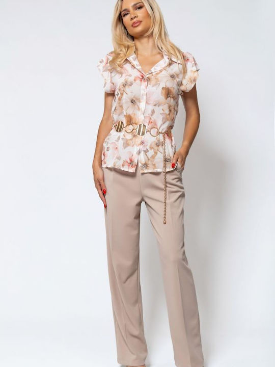 Women's High-waisted Fabric Trousers Straight Line Beige
