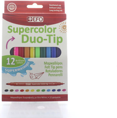 +Efo Supercolor Duo-Tip Μαρκαδόροι Ζωγραφικής Λεπτοί, με Διπλή Μύτη Σετ 12 χρώματα