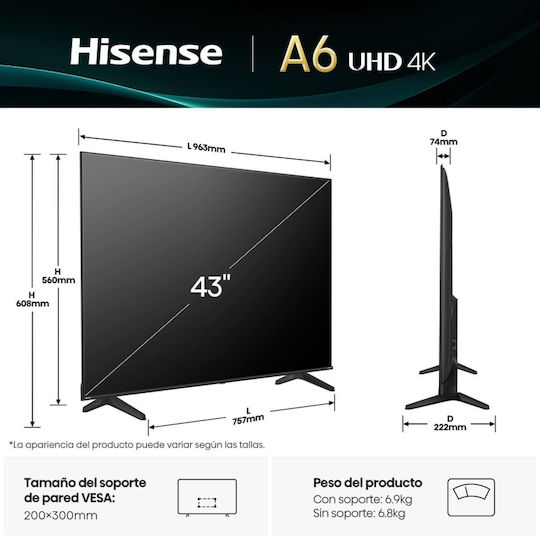 Hisense Smart Τηλεόραση 43" 4K UHD LED A6Q HDR (2025) 43A6Q