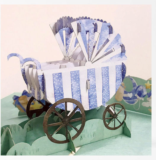 Ευχετήρια Κάρτα Origami Γέννησης Baby Boy Γαλάζιο Καρότσι 22or13