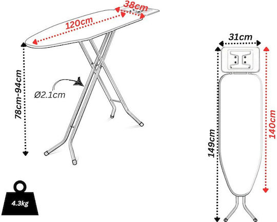Vesta Angelo Ironing Board for Boiler System Foldable 140x38x94cm