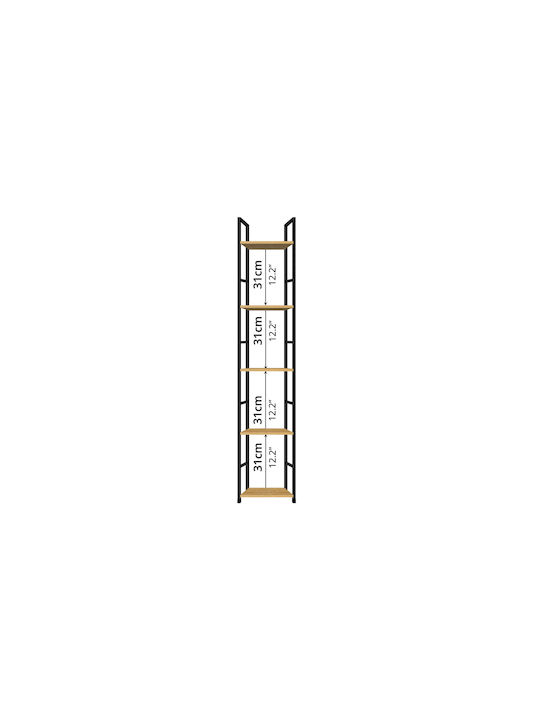 Bookcase Artemis-30144 Oak 5 Shelves 29.1x23.5x144cm Black Metal Frame