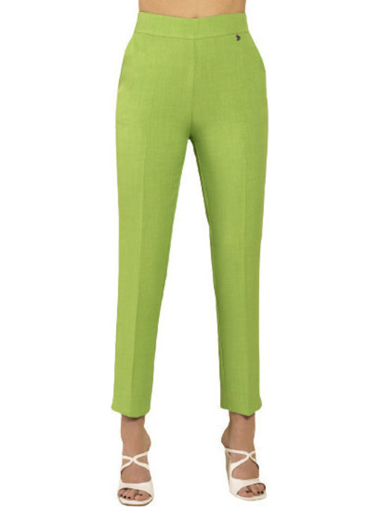 Women's High Rise Fabric Pants with Rubber Band in Regular Fit Green