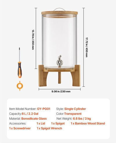 Vevor Dispenser Cold 8lt L20.5 x W20.5 x H43.4 cm