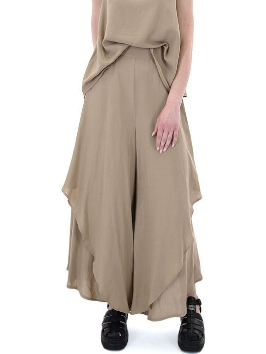 Women's High-waisted Fabric Trousers in Wide Line Beige