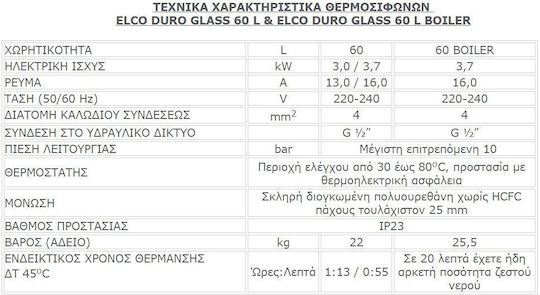 Elco Duro Glass Θερμοσίφωνας 60lt Glass Δαπέδου 4kW