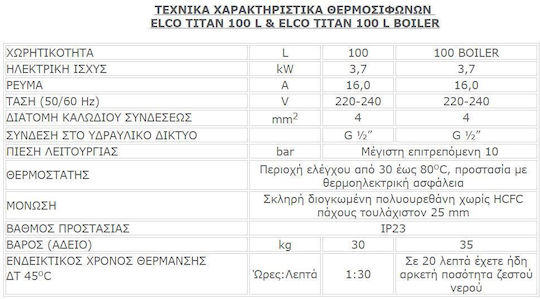 Elco Titan Θερμοσίφωνας 100lt Glass Κάθετος 3.7kW