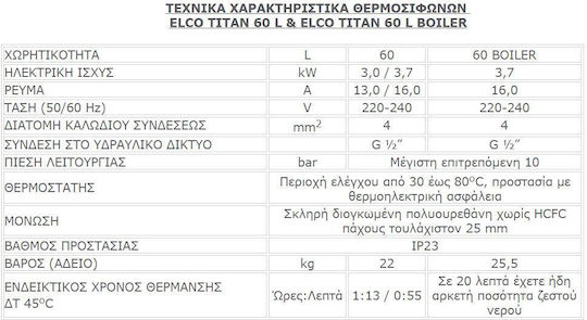 Elco Titan Ηλεκτρομπόιλερ 60lt Glass Οριζόντιο 3.7kW