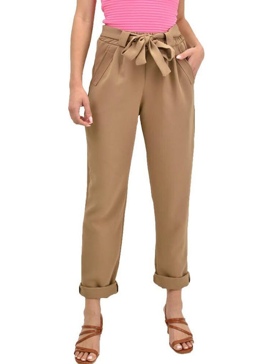 Damen Stoff Hose mit Gummizug in Weitem Schnitt Beige