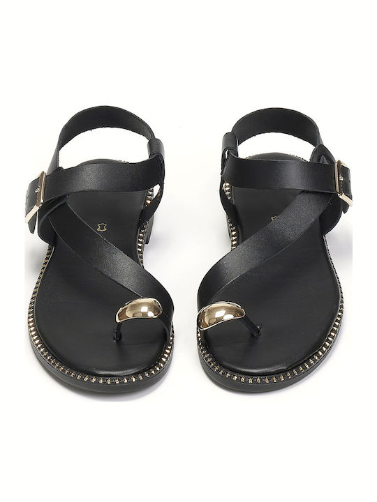 Leather Women's Flat Sandals in Black Color