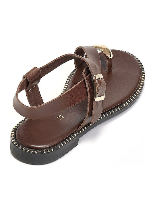 Leather Women's Flat Sandals in Brown Color