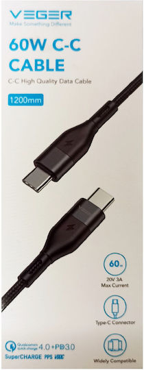 Veger CC01 Braided USB 2.0 Cable USB-C Male USB-C 60W PD Black 1.2m