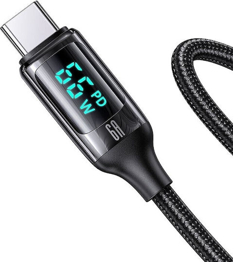 Usams US-SJ544 Braided LED USB 2.0 Cable USB-C Male - USB-A 66W PD Black 1.2m
