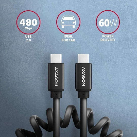 Axagon Spiral USB 2.0 Cable USB-C male - USB-C 60W PD Μαύρο 0.6m BUCM-CM10TB