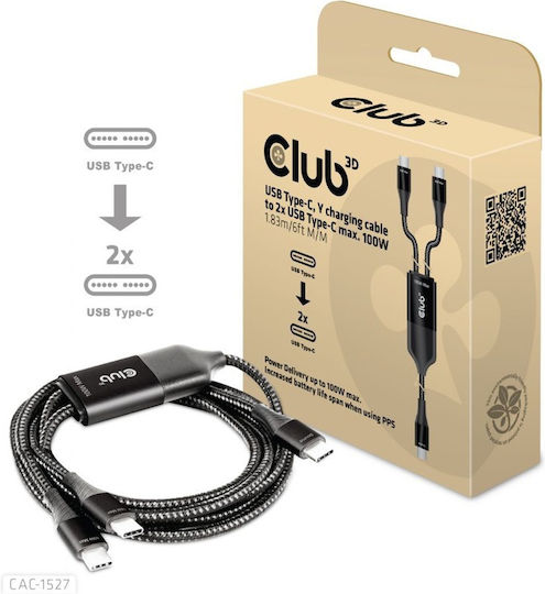 Club3D Braided USB 2.0 Cable USB-C Male - USB-C 100W PD Black 1.83m
