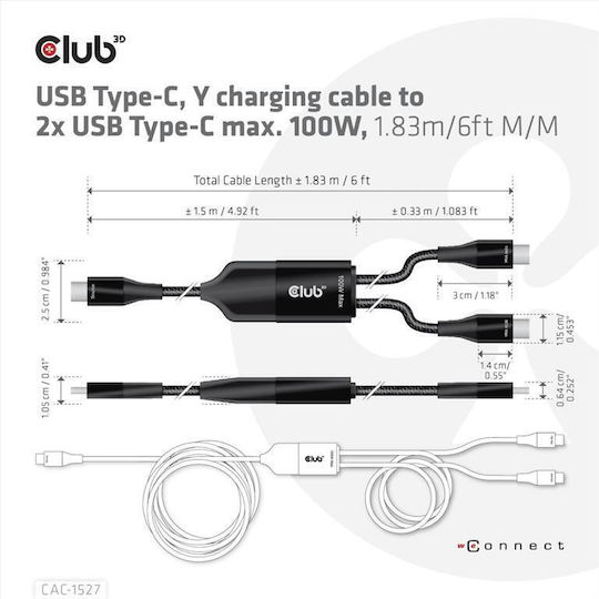 Club3D Braided USB 2.0 Cable USB-C Male - USB-C 100W PD Black 1.83m