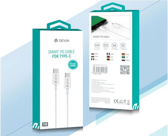 Devia Smart PD USB 3.1 Cable USB-C male - USB-C 60W PD Λευκό 1m DVCB-325380