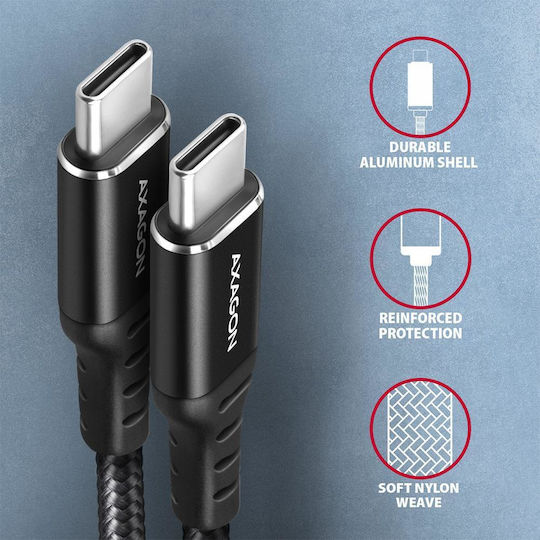 Axagon Braided USB 2.0 Cable USB-C male - USB-C 60W Μαύρο 1m BUCM-CM10AB