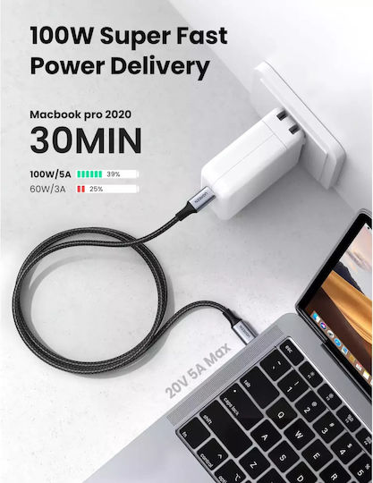 Ugreen USB 2.0 Cable USB-C male - USB-C 100W PD Μαύρο 3m 90120
