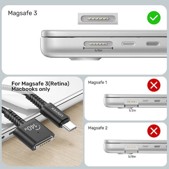 Unitek USB 2.0 Cable USB-C male - Magsafe 3 140W PD Μαύρο 2m C14121BK-2M