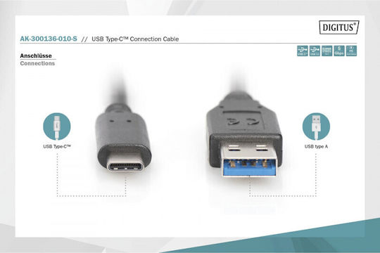 Digitus USB 2.0 Cable USB-C male - USB-A PD Μαύρο 1m AK-300136-010-S Bulk