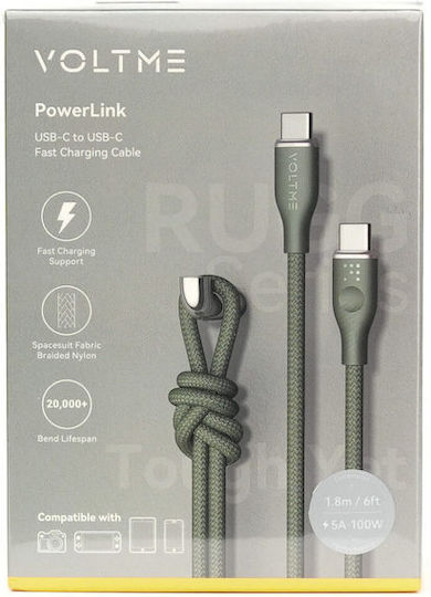 Voltme Braided USB 2.0 Cable USB-C male - USB-C 100W PD Πράσινο 1.8m C2063