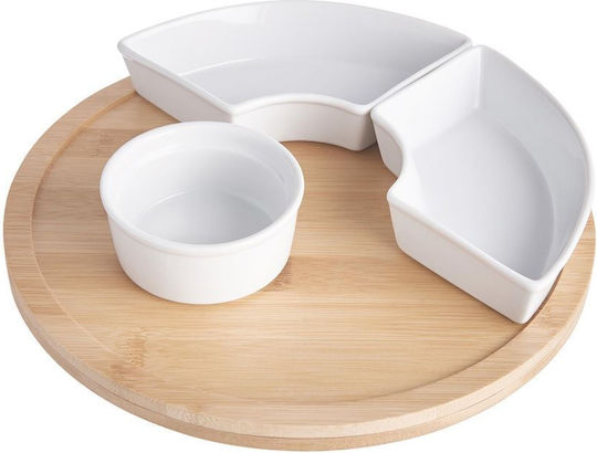 Tiered Appetizer Stand White Porcelain with Bamboo Diameter 26 Cm Height 4.5 Cm
