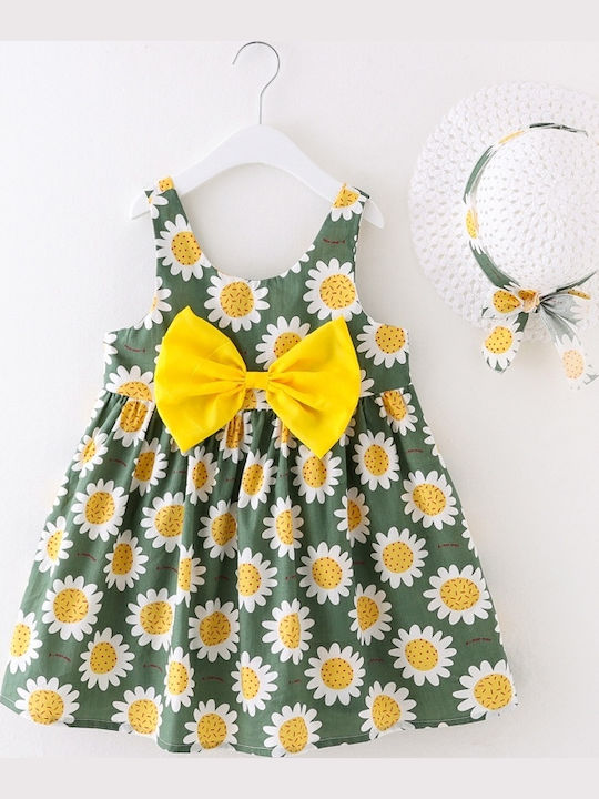 Girls Dress Sunflower Hat White Green