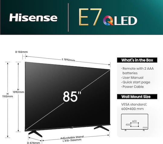 Hisense Smart Televizor 85" 4K UHD QLED E7N HDR (2024)