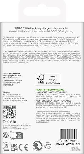 Puro Редовна USB-C към Lightning кабел 20W Бял 2м