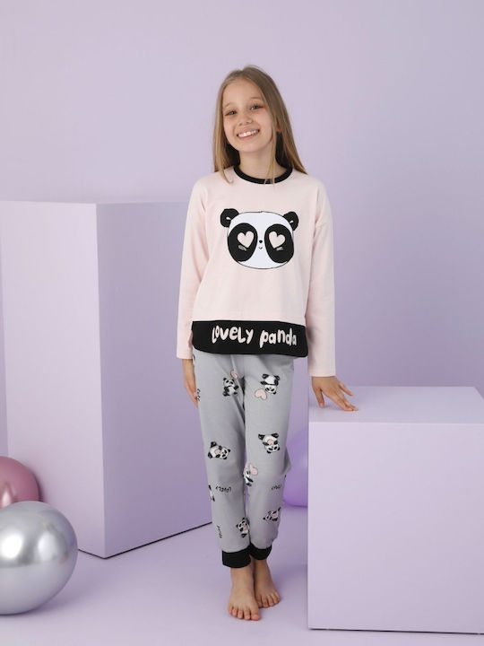 Kids Winter Pajama Sevim Lovely Panda Cotton Pastel Salmon