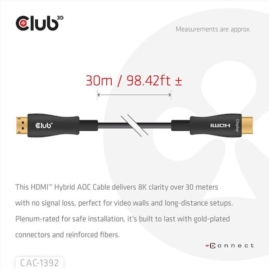 Club3D HDMI 2.1 Ultra High Speed 48Gbps 4K 120Hz HDR VRR Cable HDMI male - HDMI male 30m Μαύρο