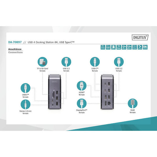 Digitus USB-C Docking Station with HDMI/DisplayPort 4K PD Ethernet and Support for 2 Monitors Gray (DA-70897)