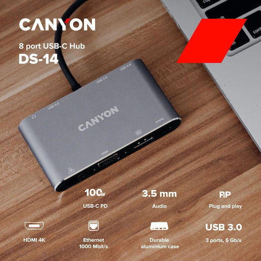 Canyon USB-C Docking Station with HDMI 4K PD Ethernet Gray (CNS-TDS14)