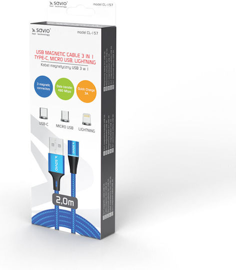 Savio Geflochten / Magnetisch USB zu Blitzschlag / Typ-C,TC-TC / Micro-USB Kabel 3A Blau 2m (CL-157)