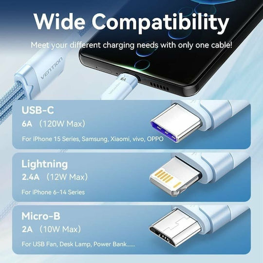 Vention Плетен USB към Lightning / Type-C / micro USB Кабел 2A Бял 1.5м CTRWG