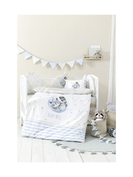 Nima Baby Duvet Cover Set With Pillowcase Sleepy Racoon White, Light Blue 110x145cm