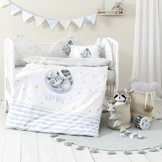 Nima Сет Бебешка Долен Калъф с Калъфка за Възглавница Sleepy Racoon White, Light Blue 110x145см. Nima Сет Бебешка Долен Калъф с Калъфка за Възглавница Sleepy Racoon White, Light Blue 110x145см.