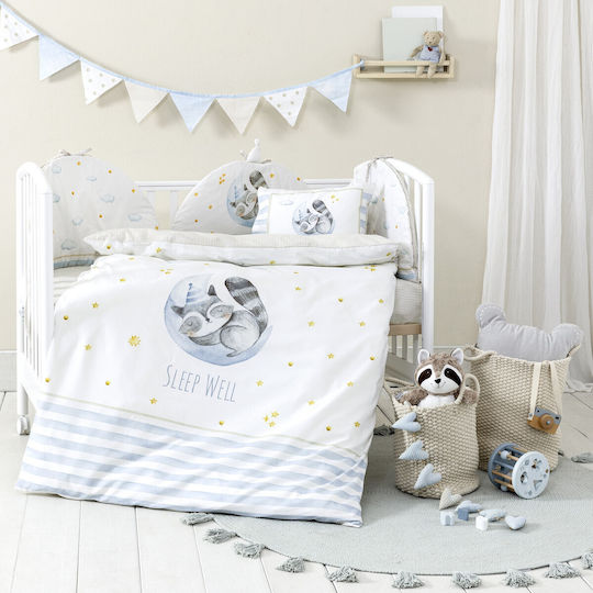 Nima Set Copertă de Pătuț cu Față de Pernă Sleepy Racoon White, Light Blue 110x145cm.