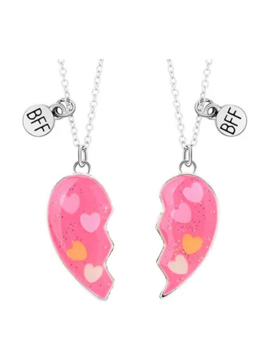 Handgefertigtes Freundschafts-Kinderhalskettenset 2-teilig Silbern Metallisch Rosa Intensive Herz Sternchen Best Friends Forever Beste Freunde Freundinnen Immer Tatu Moyo