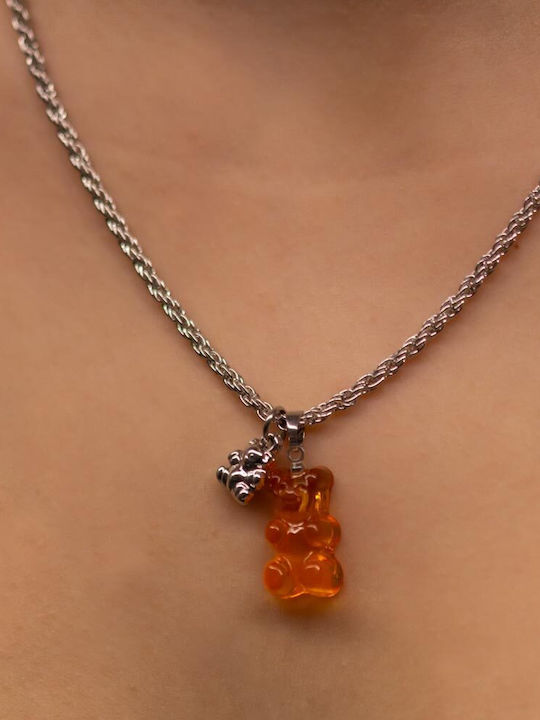 Παιδικό Κολιέ Αλυσίδα Ατσάλι Κρεμαστό Gummy Bear Ρητίνη Πορτοκαλί