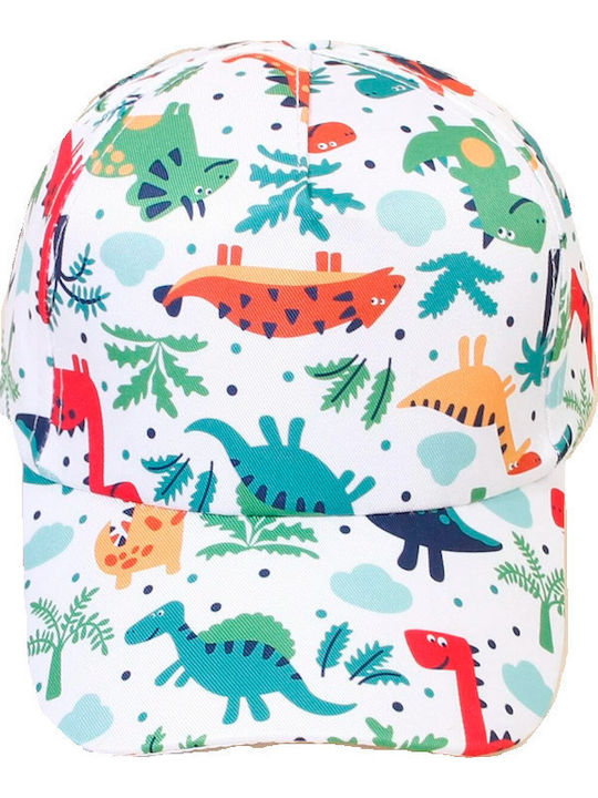Kids' Fabric Hat Jockey White with Multicolored Dinosaurs 51-52cm 4-10 Years Tatu Moyo