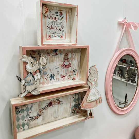 Handmade Wooden Framed Alice in Wonderland Set 3 Pink Kids Wall Art